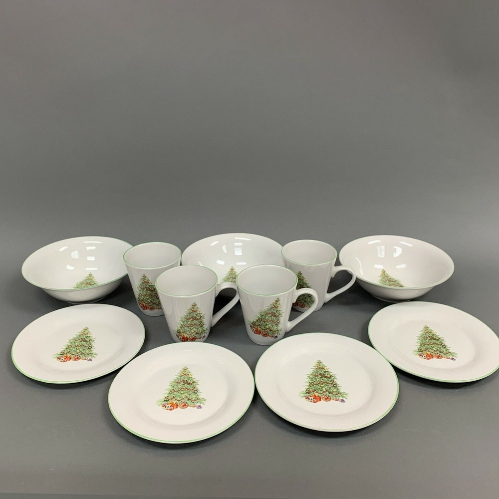 CIB Porcelain Christmas Tree White Soup Cereal Bowls Salad‎ Plates Cups Green